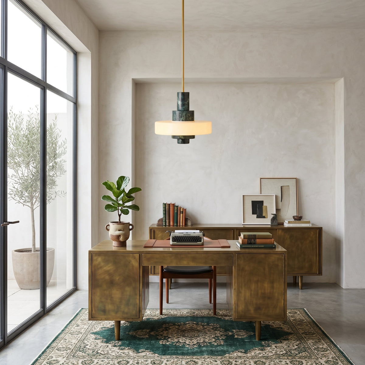 Mercury Green Marble Pendant Lamp - Hand-Carved Marble & Glass LED Light
