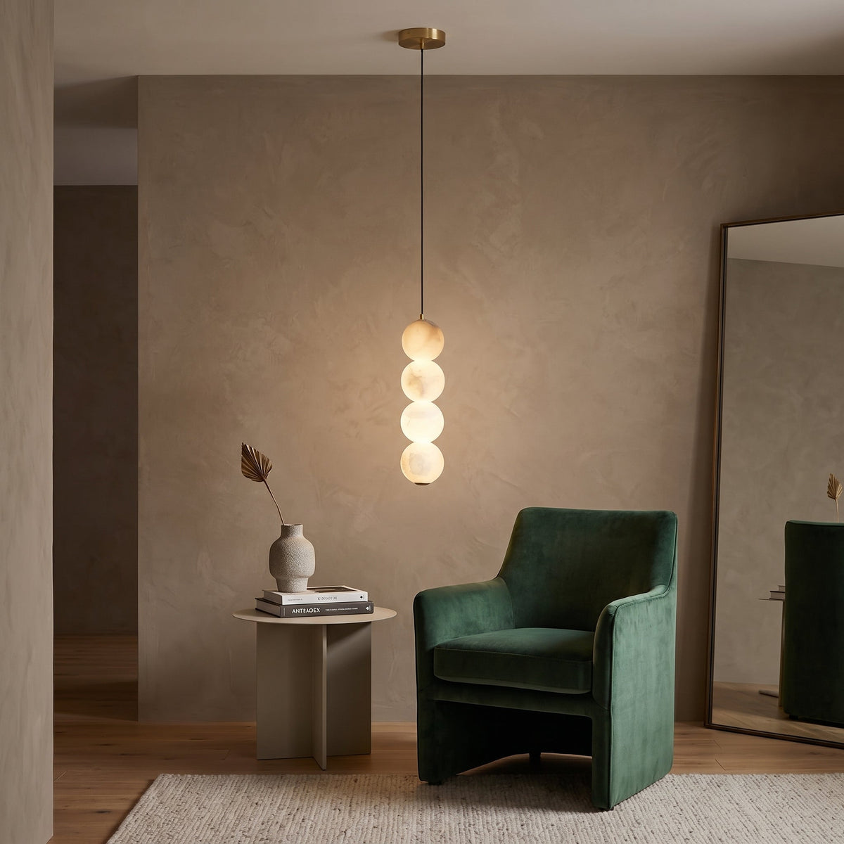 Pearl Alabaster Pendant Light - Vertical Stacked Stone Orbs & Brass Frame