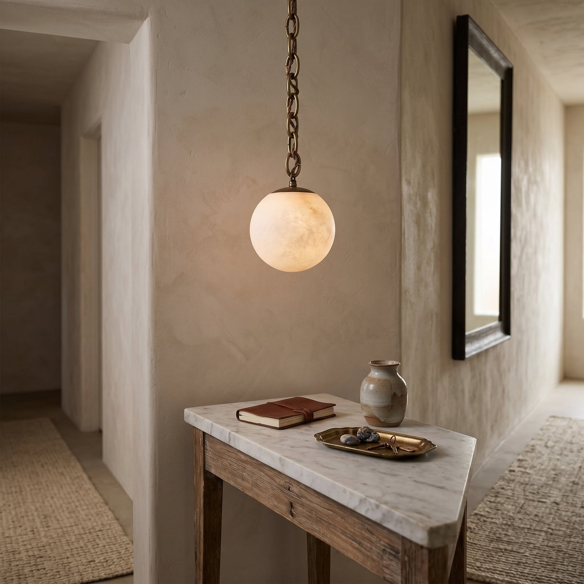 Alabaster Swag Pendant Lamp – Natural Stone Globe & Brass Swag Hanging Light