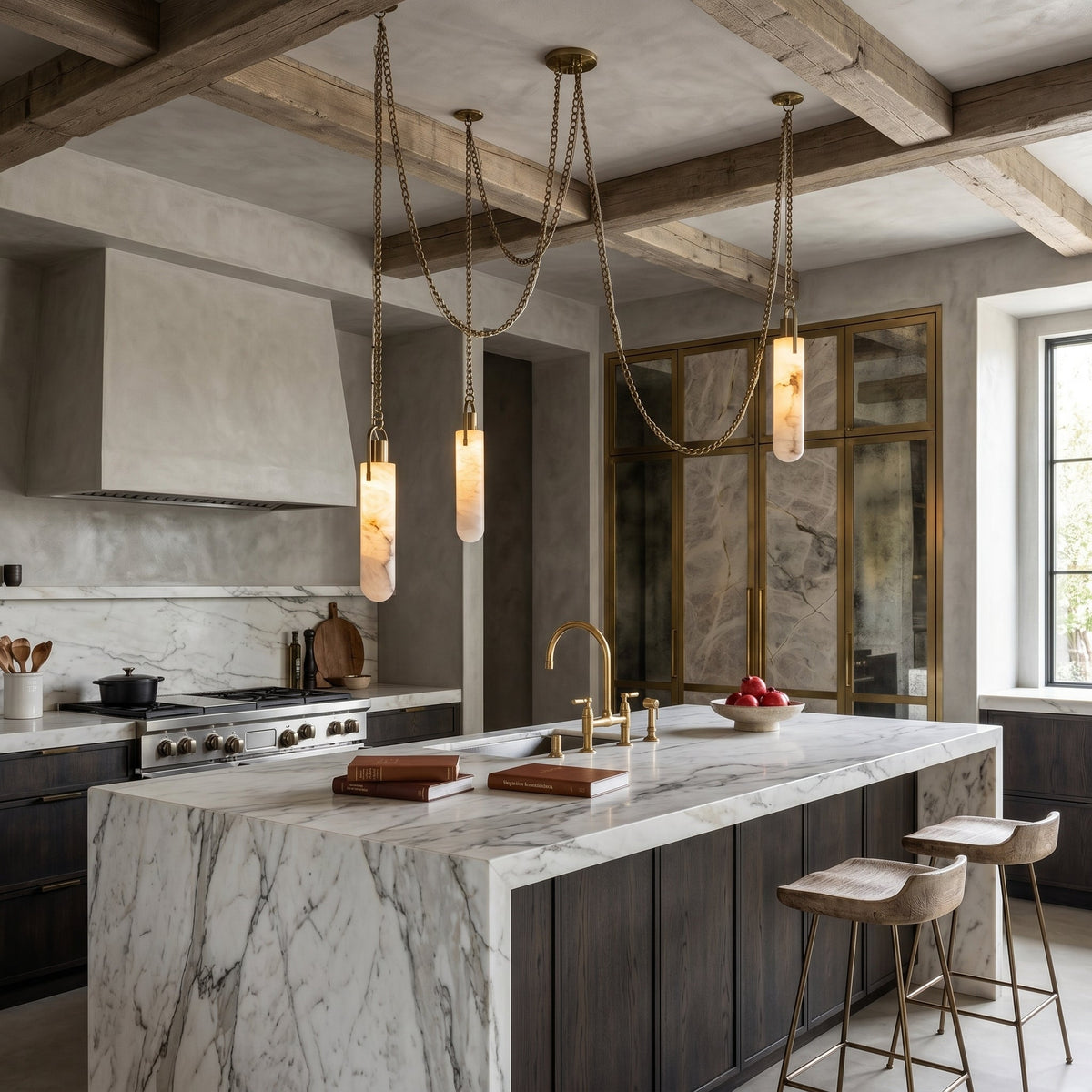Flint Alabaster Pendant Lamp - Natural Spanish Alabaster & Fine Jewelry Chain LED Pendant
