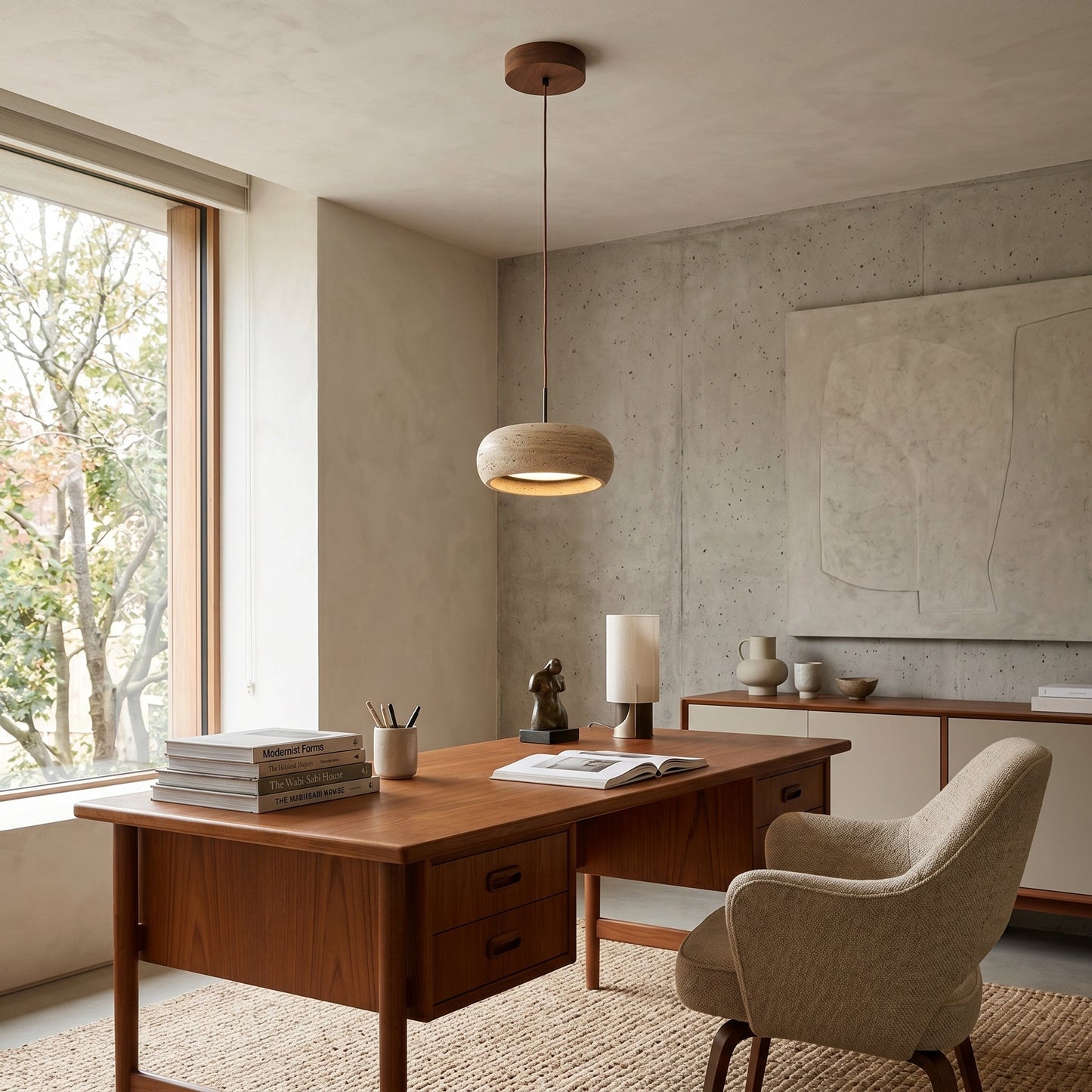 Travertine Drum Pendant Lamp - Natural Stone Disk Light | TRIAC Dimmable Integrated LED Island Pendant