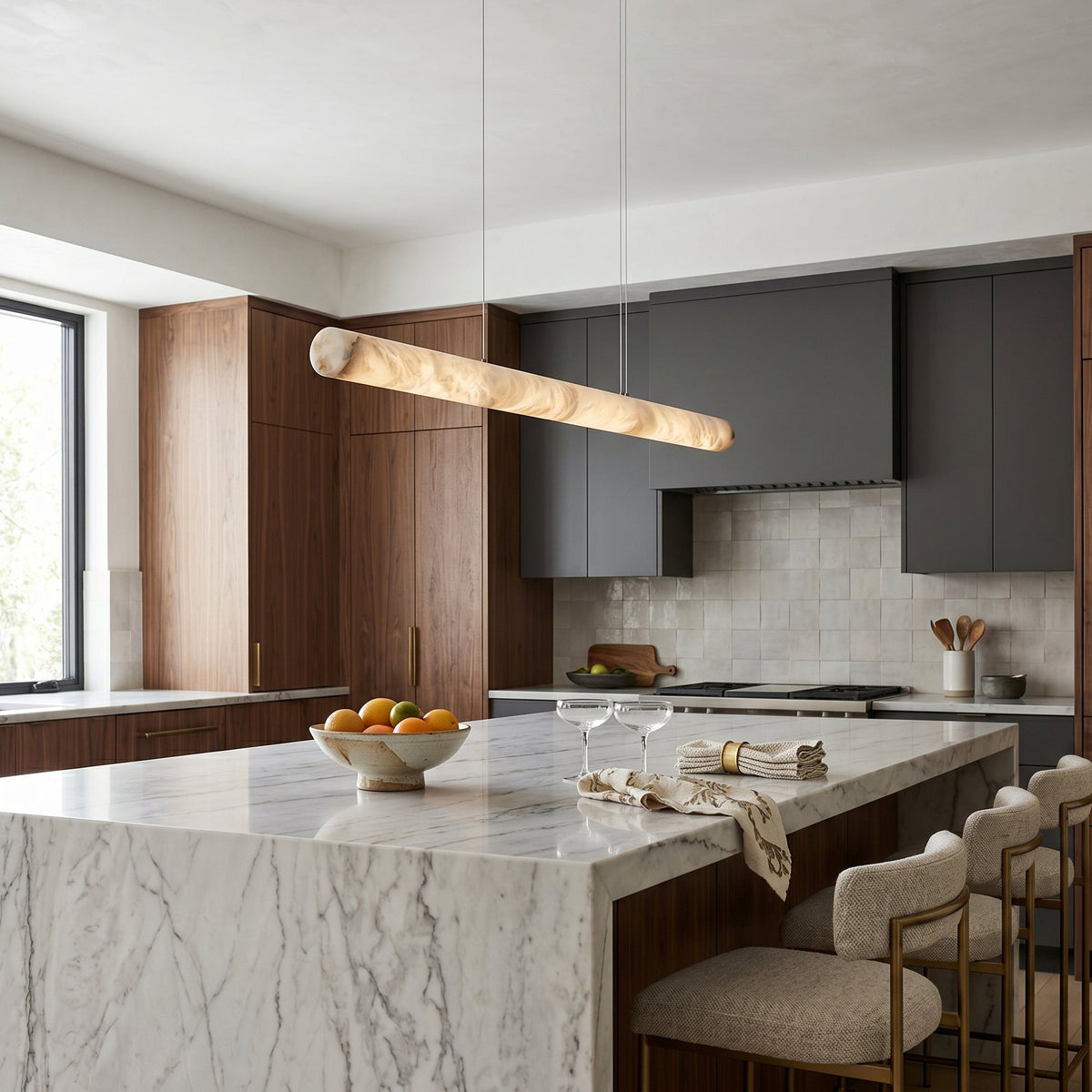 Halima Linear Alabaster Chandelier - Spanish Natural Alabaster & Warm Brass Linear LED Pendant