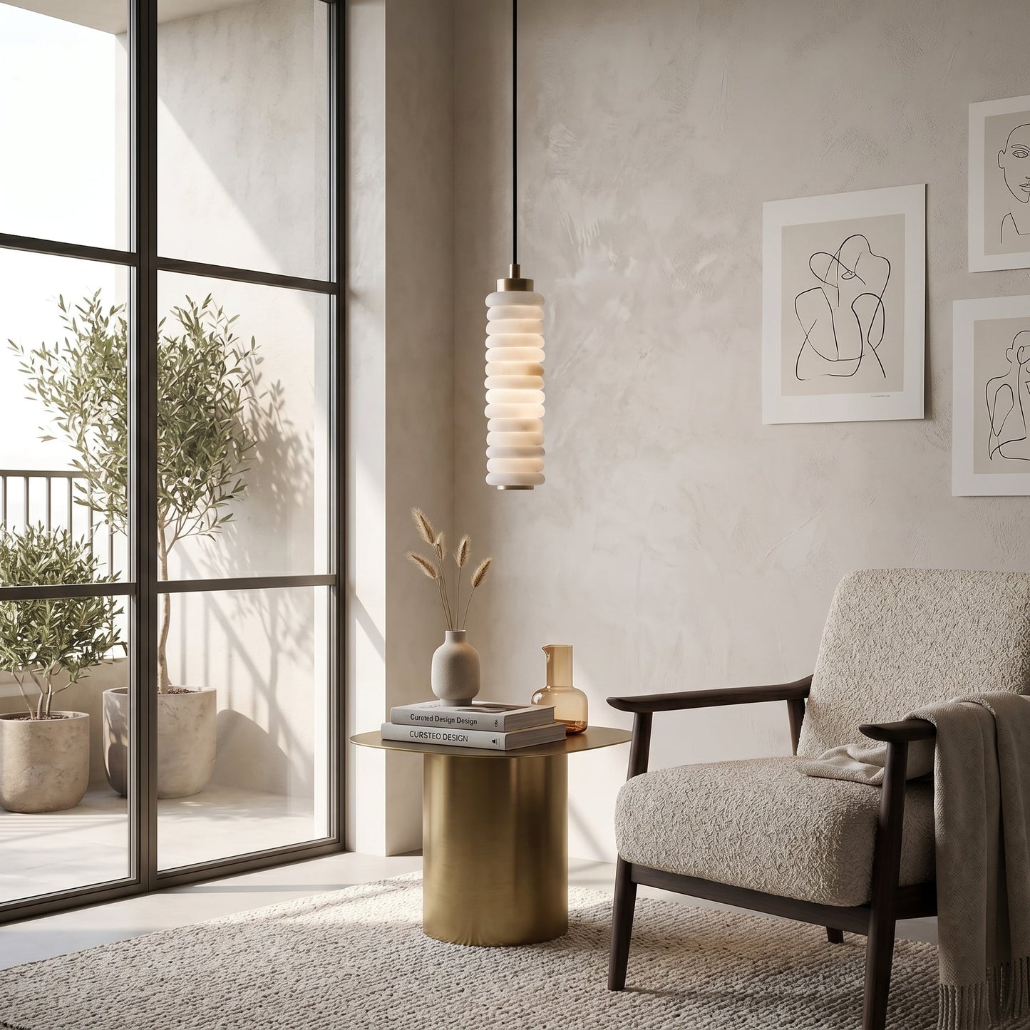 Payson Alabaster Pendant Lamp - Natural Stone & Solid Brass LED Pendant | Minimalist Luxury Droplight