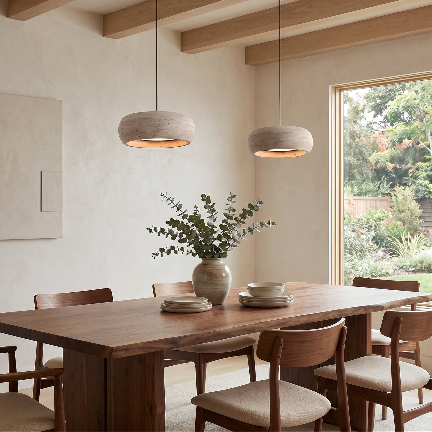 Travertine Drum Pendant Lamp - Natural Stone Disk Light | TRIAC Dimmable Integrated LED Island Pendant