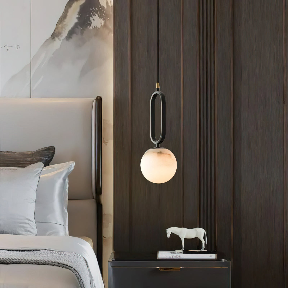 Alabaster Ball Pendant Lamp – Natural Stone Teardrop & Metal Modern Suspension Light