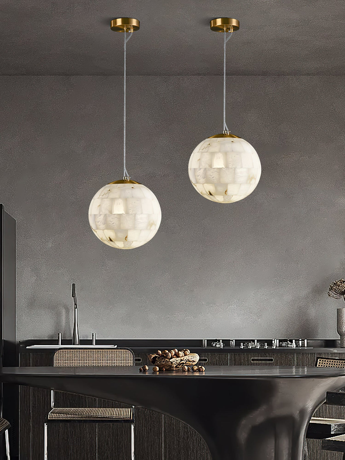Alabaster Ball Pendant Light – Natural Stone Sphere & Brass Modern Suspension Lamp