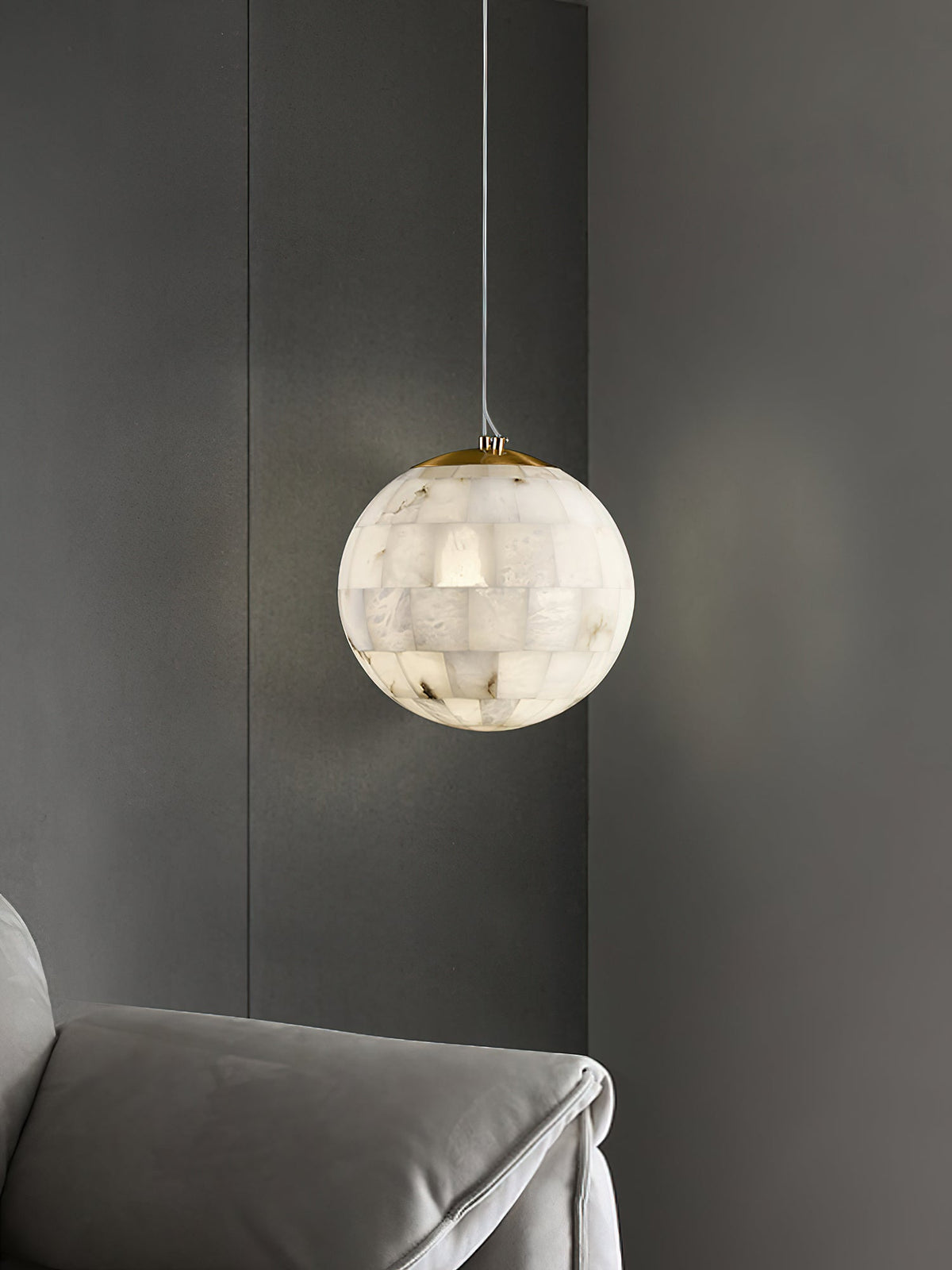 Alabaster Ball Pendant Light – Natural Stone Sphere & Brass Modern Suspension Lamp
