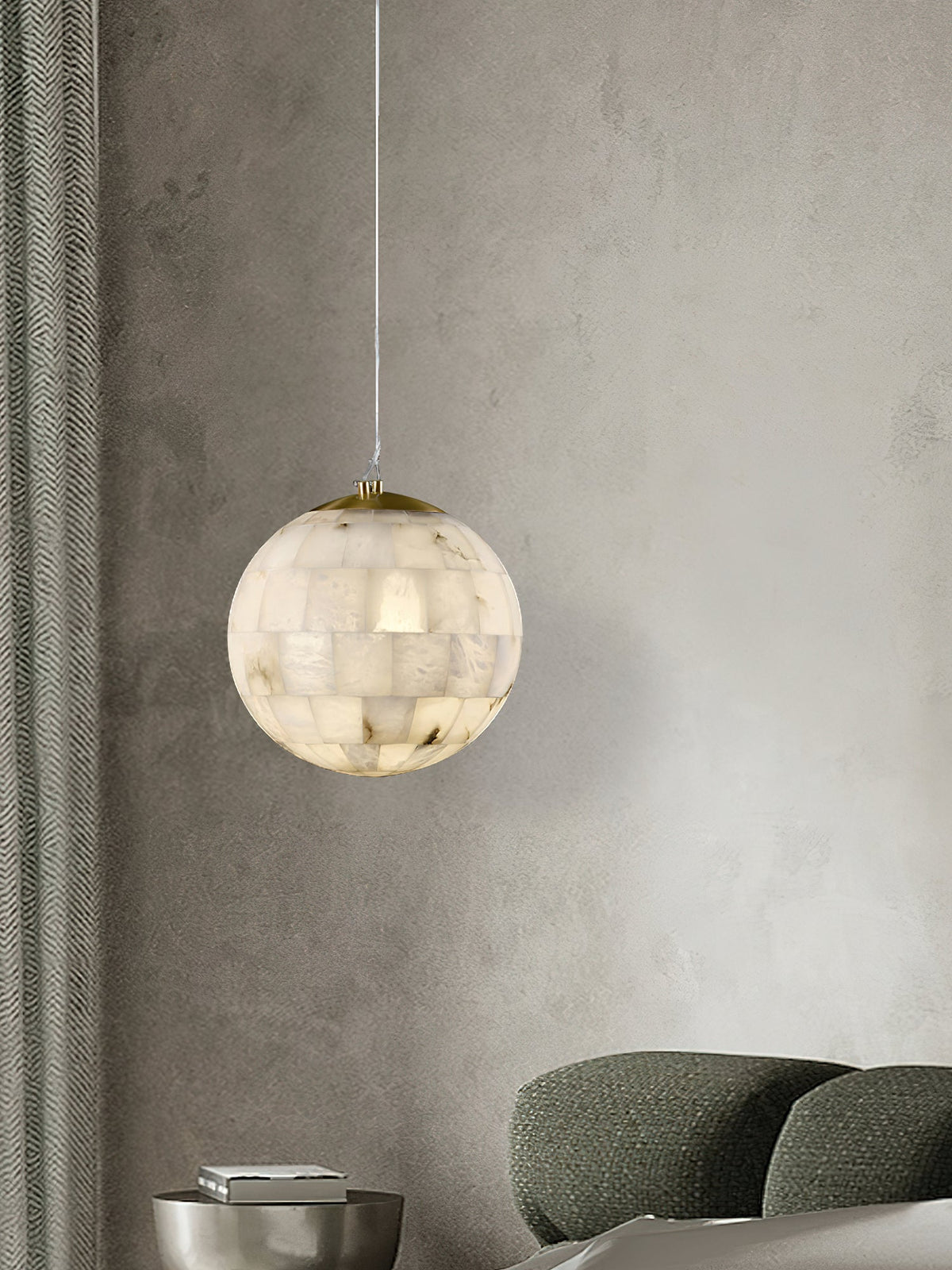 Alabaster Ball Pendant Light – Natural Stone Sphere & Brass Modern Suspension Lamp