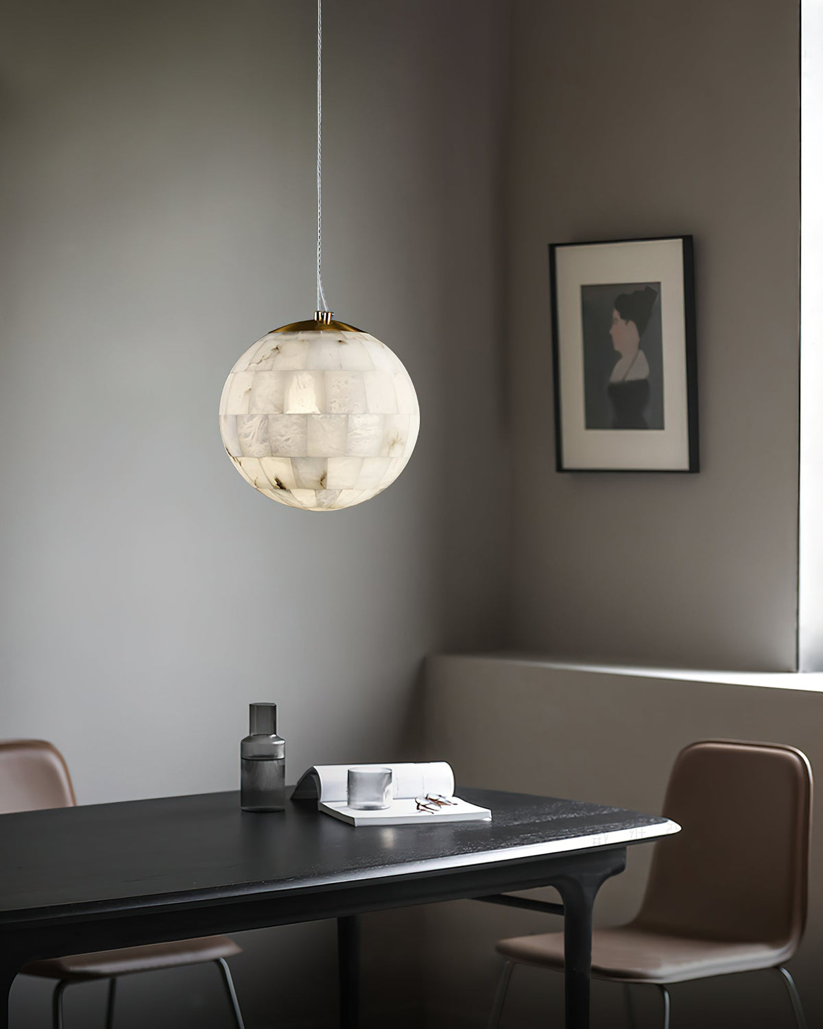 Alabaster Ball Pendant Light – Natural Stone Sphere & Brass Modern Suspension Lamp