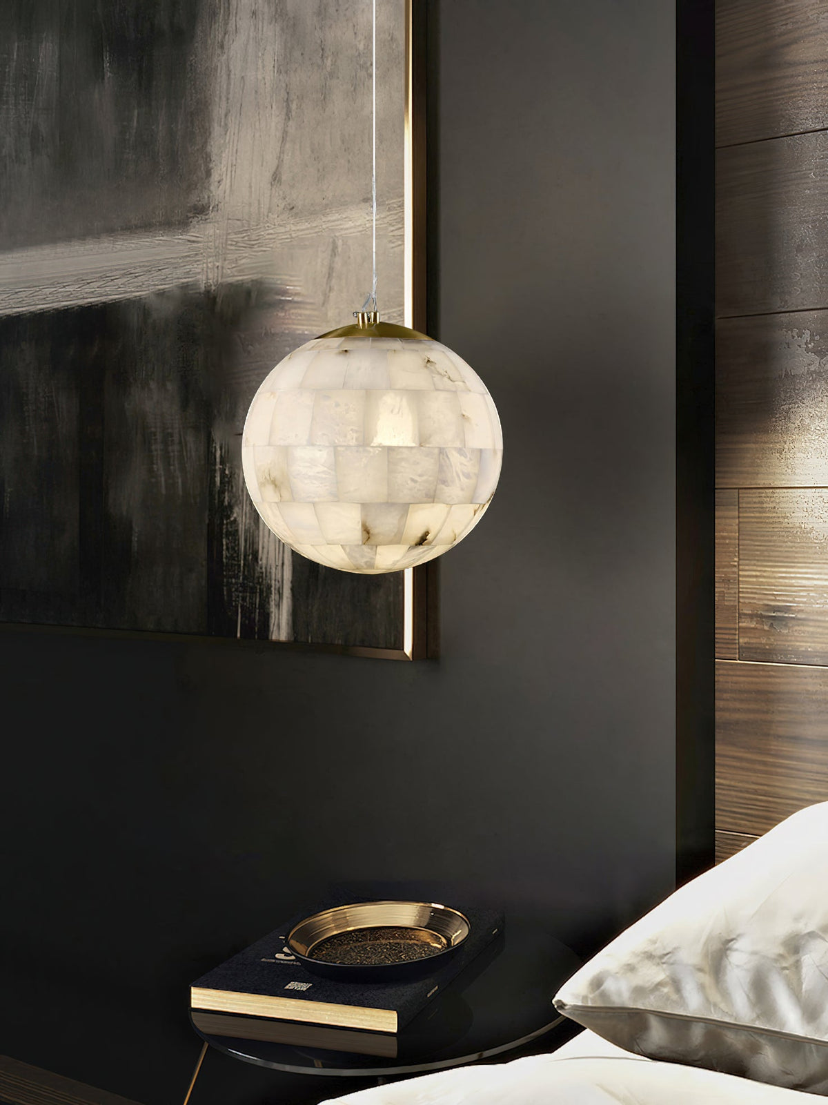 Alabaster Ball Pendant Light – Natural Stone Sphere & Brass Modern Suspension Lamp