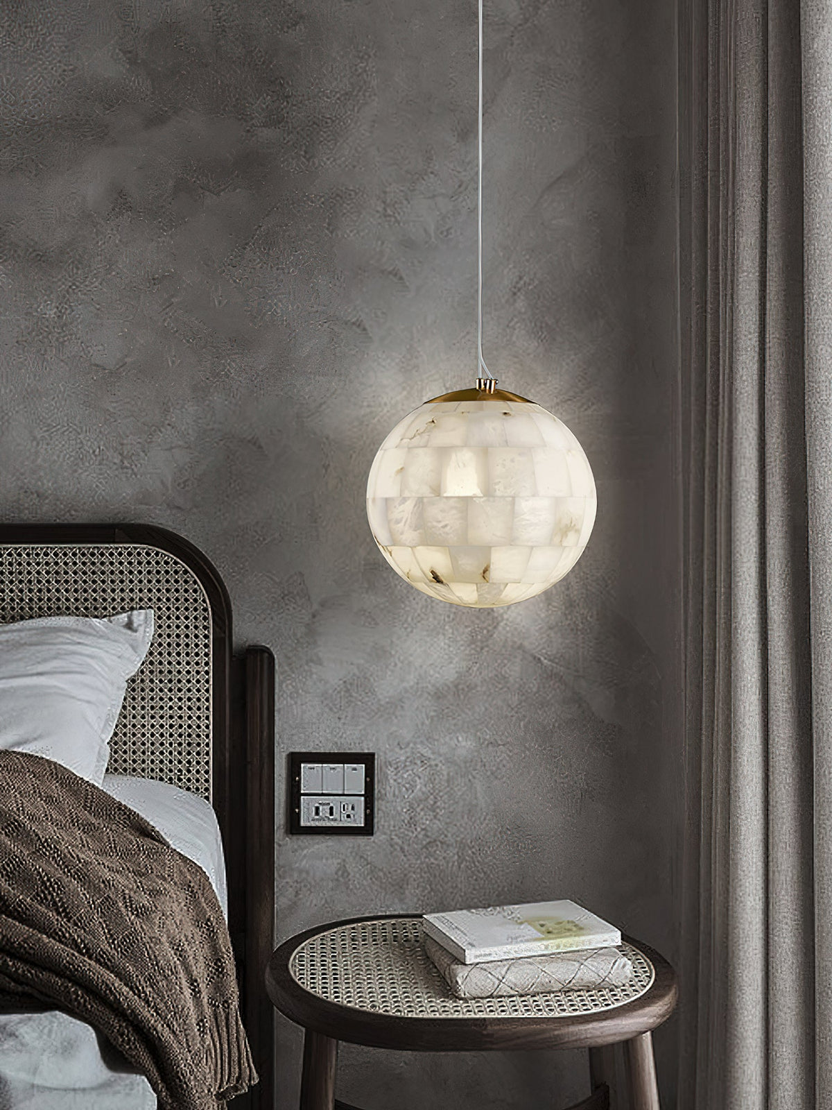 Alabaster Ball Pendant Light – Natural Stone Sphere & Brass Modern Suspension Lamp