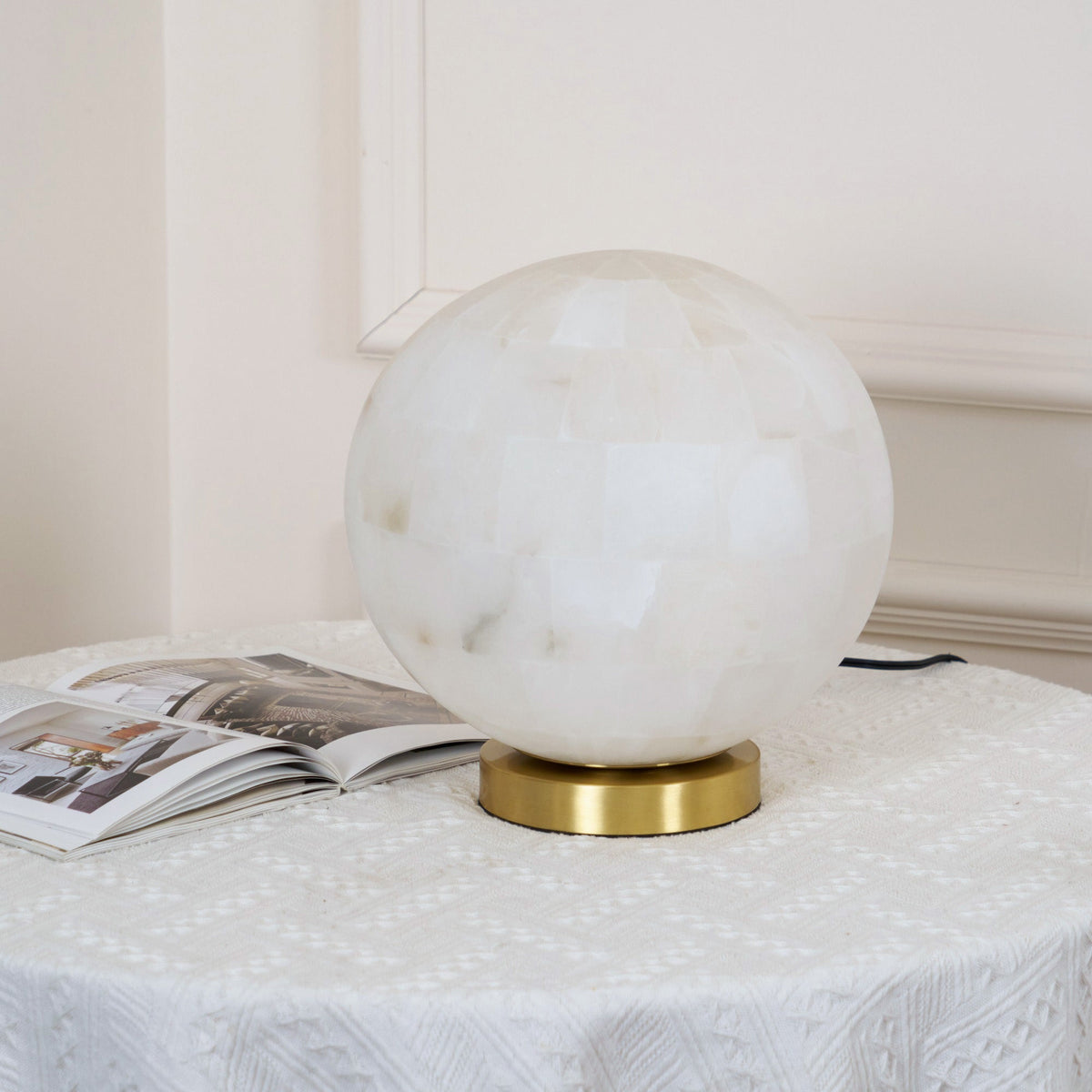 Alabaster Ball Table Lamp – Natural Stone Sphere & Brass Modern Accent Light