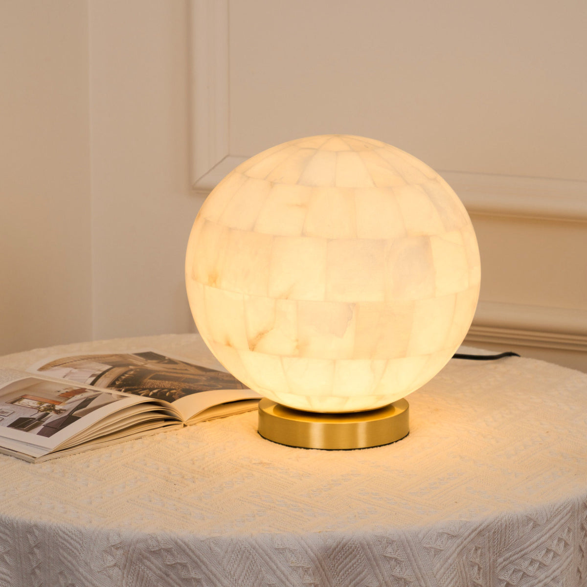 Alabaster Ball Table Lamp – Natural Stone Sphere & Brass Modern Accent Light