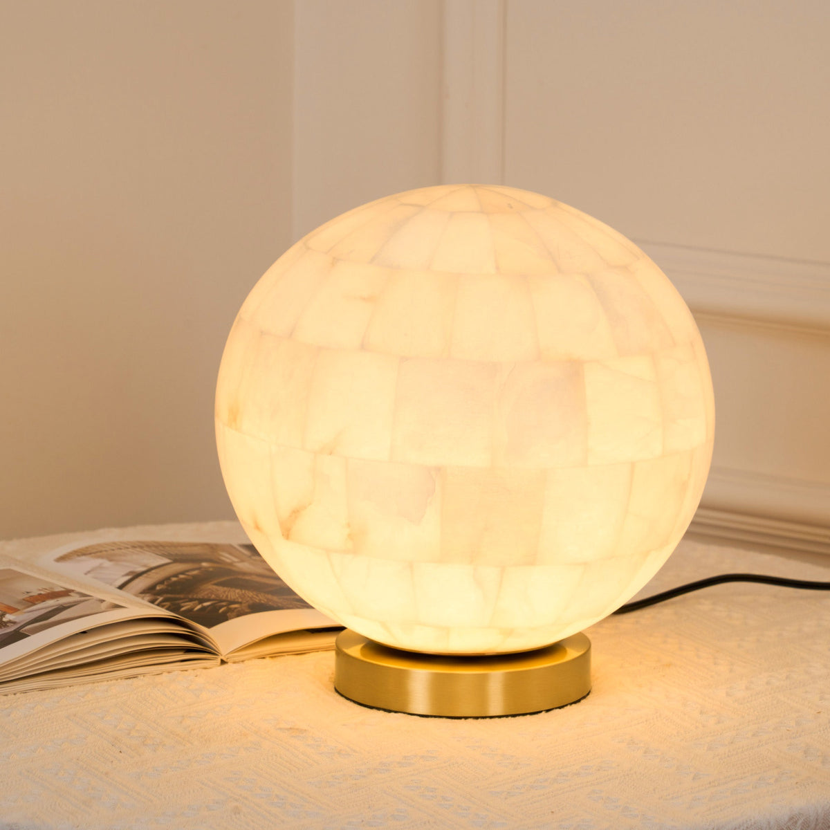 Alabaster Ball Table Lamp – Natural Stone Sphere & Brass Modern Accent Light