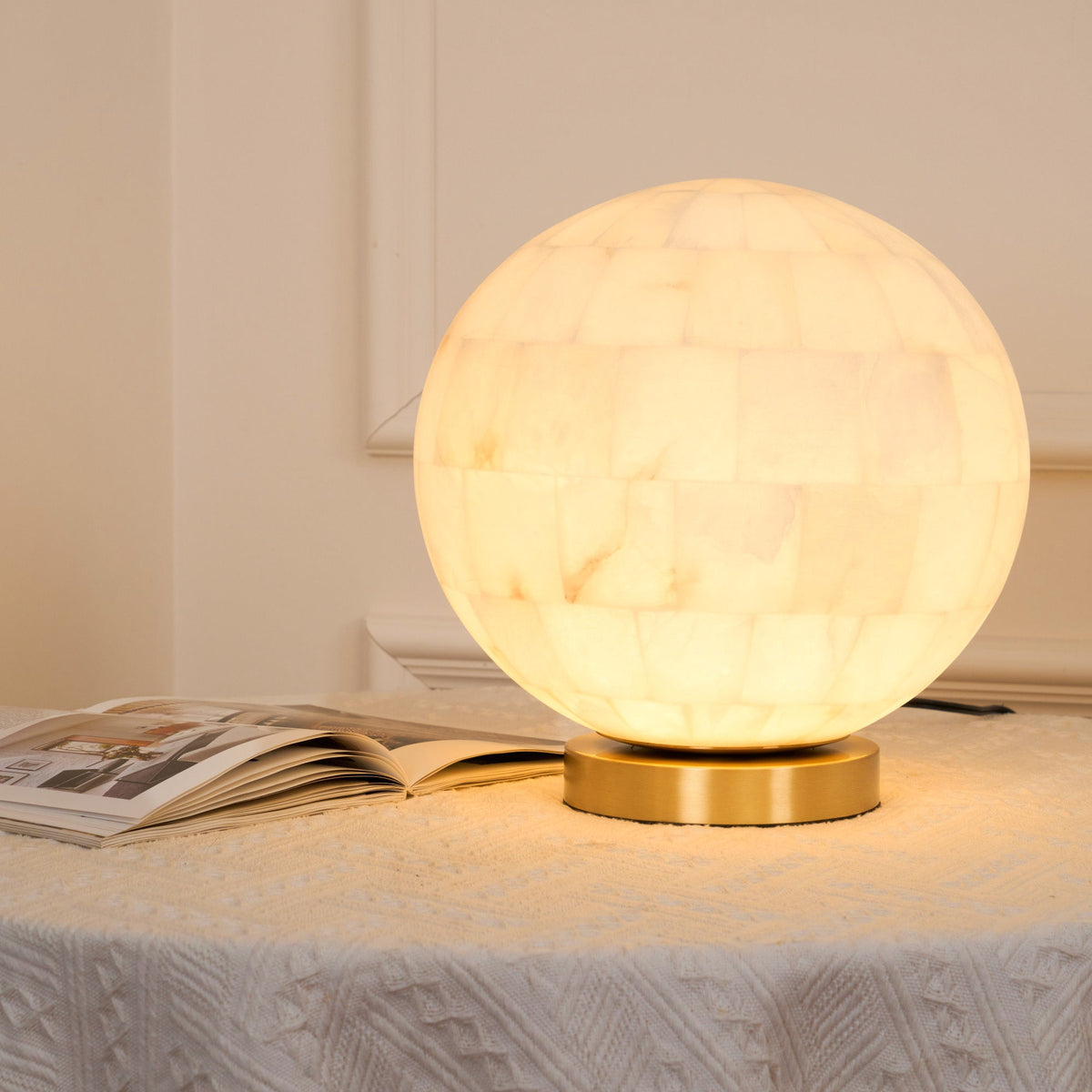 Alabaster Ball Table Lamp – Natural Stone Sphere & Brass Modern Accent Light
