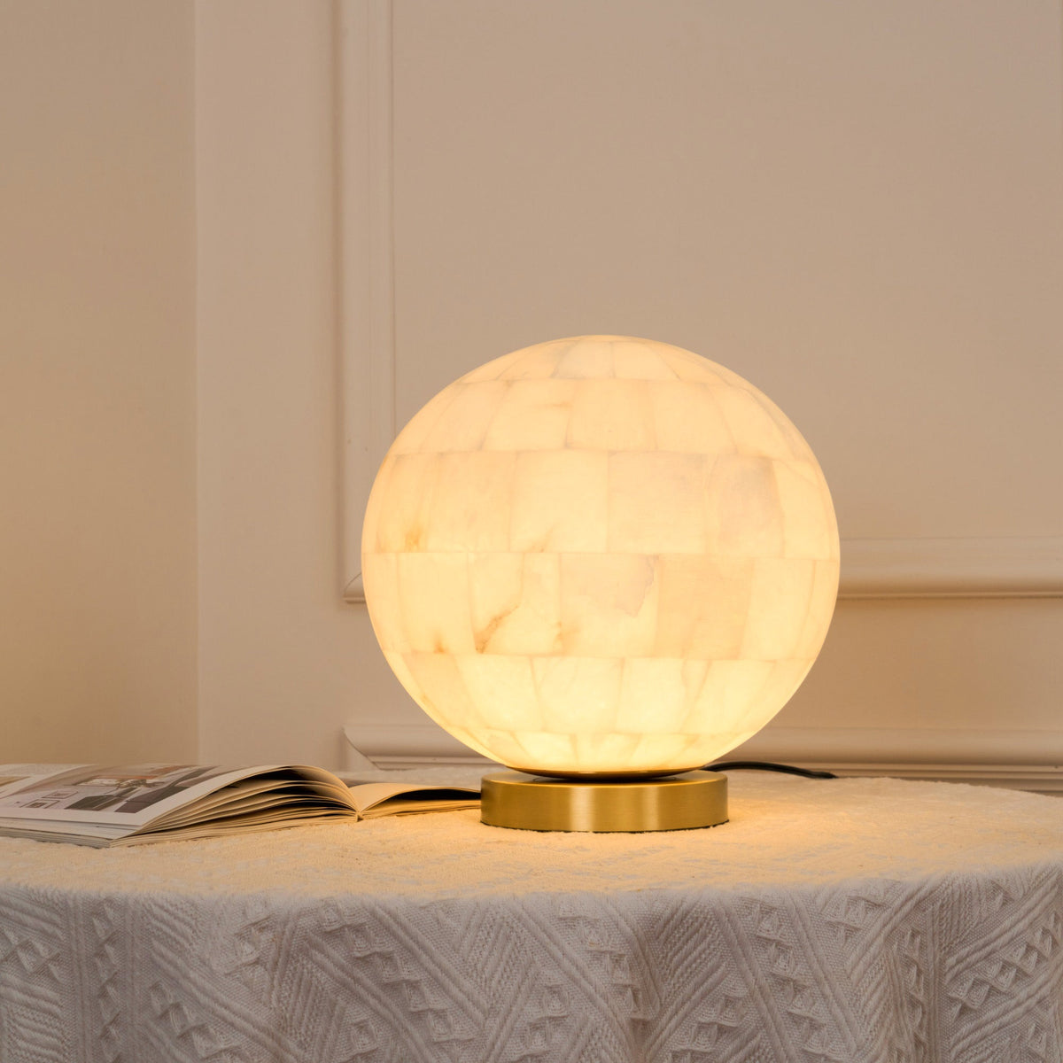 Alabaster Ball Table Lamp – Natural Stone Sphere & Brass Modern Accent Light