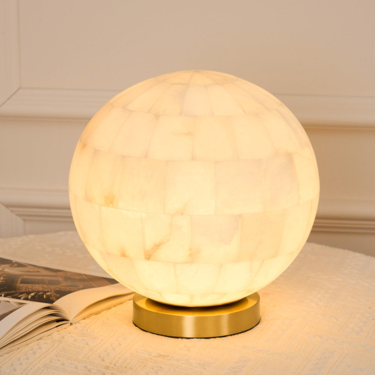 Alabaster Ball Table Lamp – Natural Stone Sphere & Brass Modern Accent Light