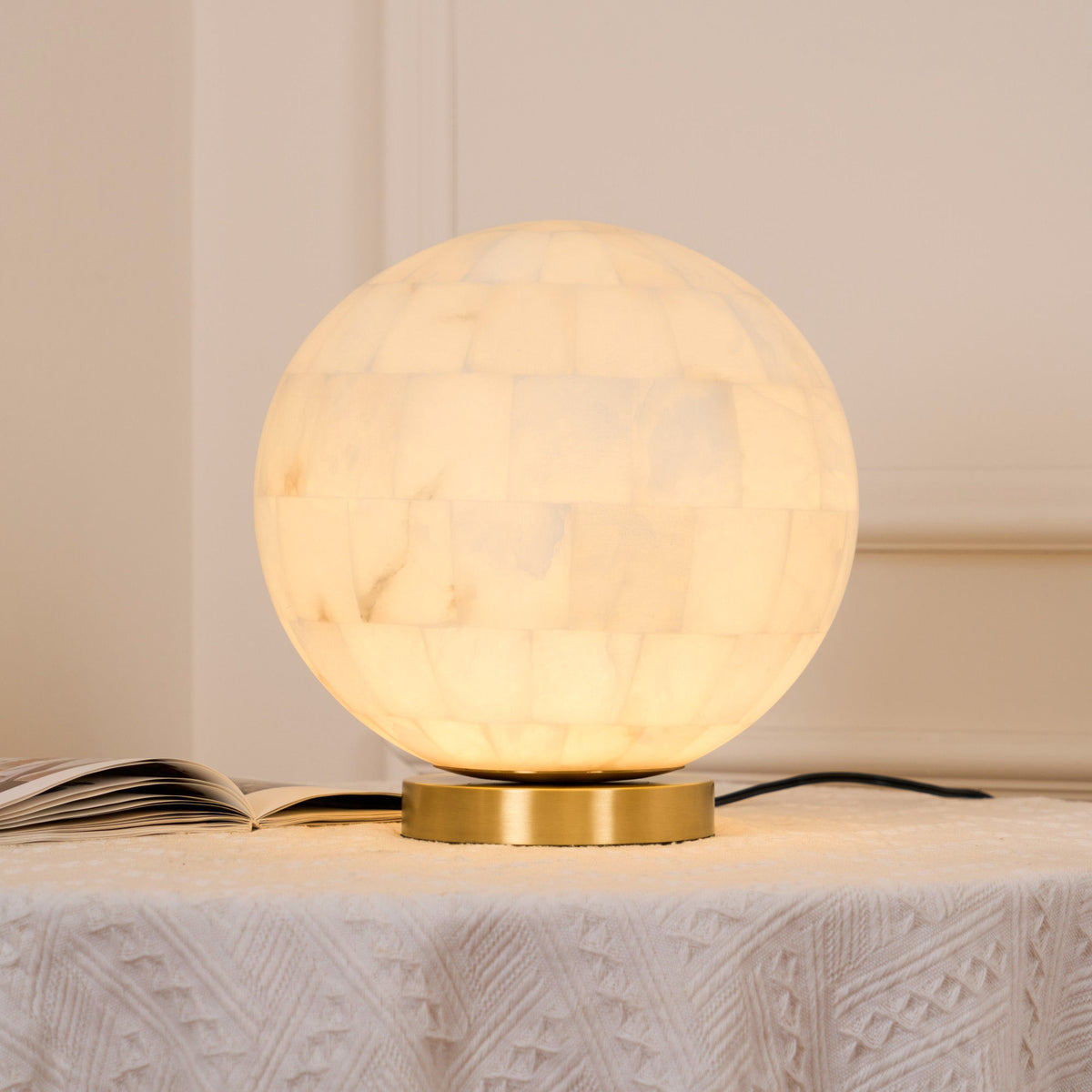 Alabaster Ball Table Lamp – Natural Stone Sphere & Brass Modern Accent Light