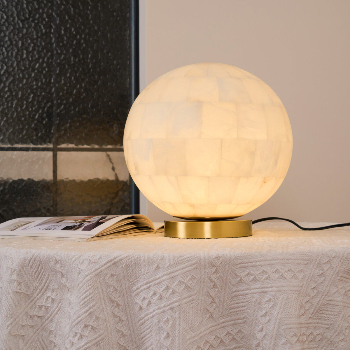 Alabaster Ball Table Lamp – Natural Stone Sphere & Brass Modern Accent Light