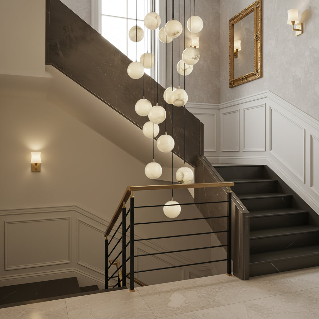 Alabaster Balls Cluster Chandelier – Natural Stone Orbs & Modern Cascading Chandelier