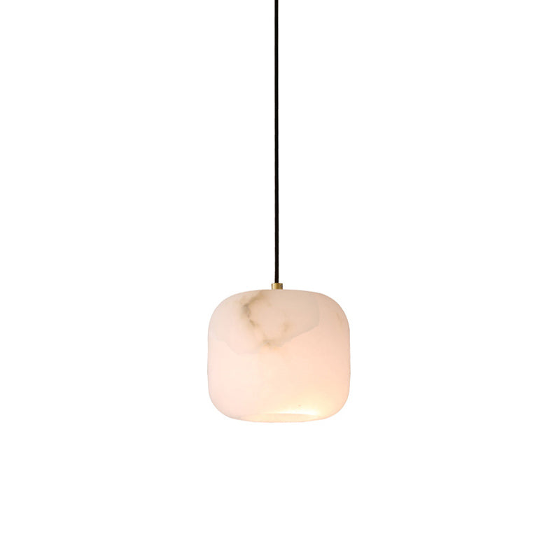 Alabaster Bedside Pendant Light – Natural Stone Cylinder & Brass Hanging Lamp