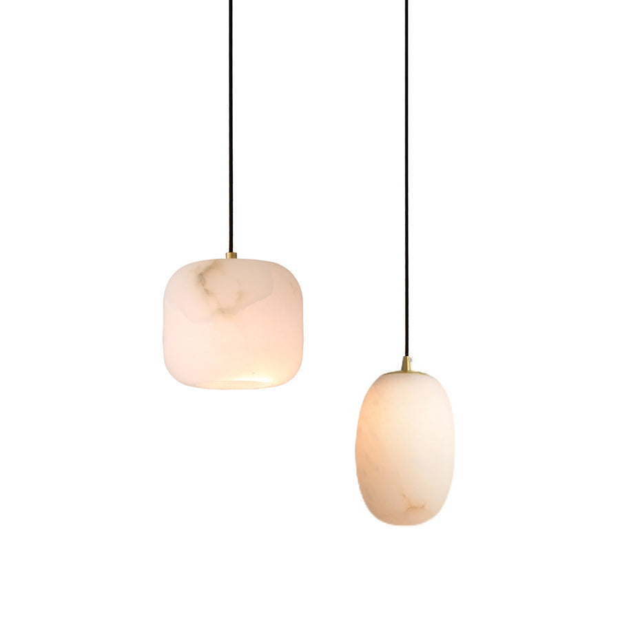 Alabaster Bedside Pendant Light – Natural Stone Cylinder & Brass Hanging Lamp