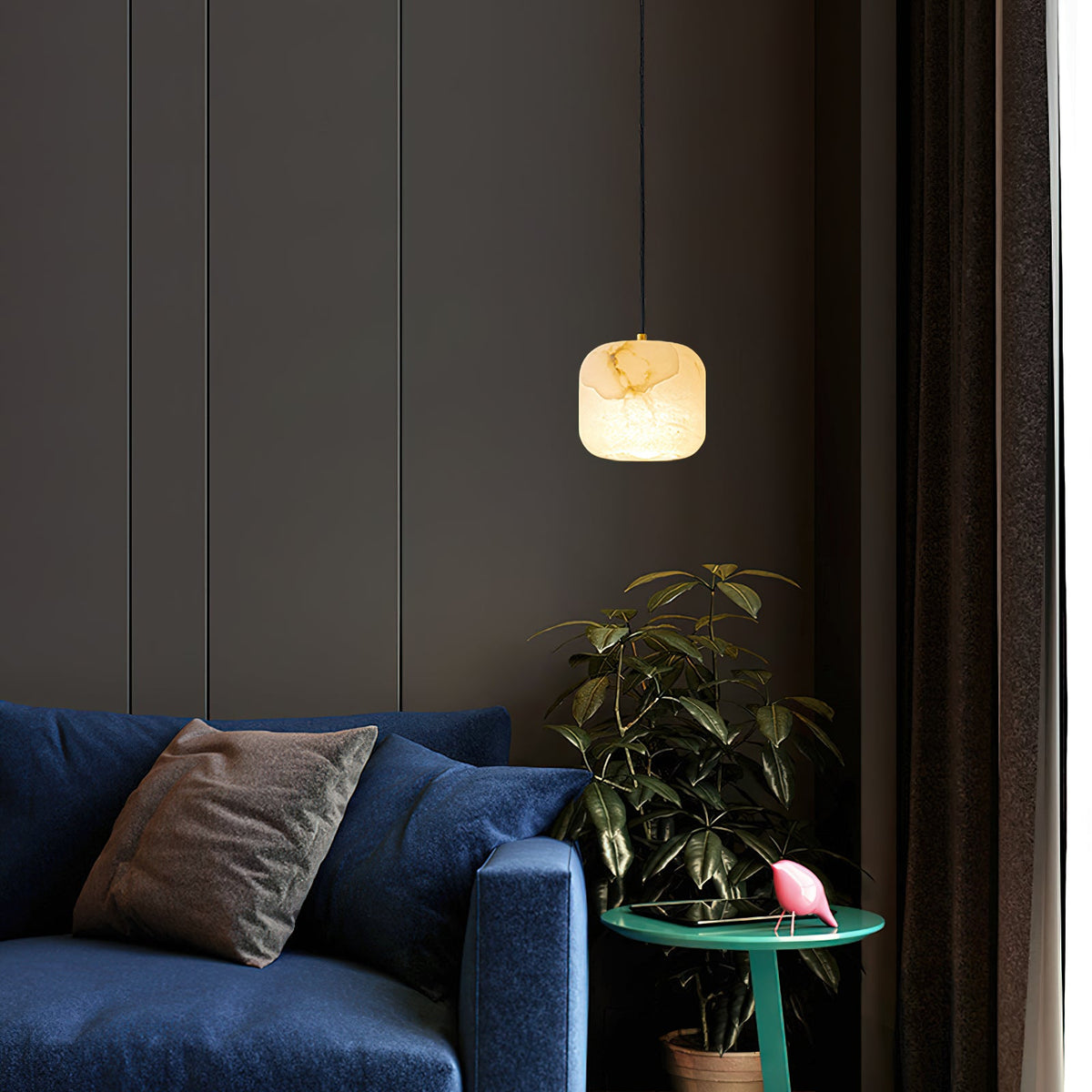 Alabaster Bedside Pendant Light – Natural Stone Cylinder & Brass Hanging Lamp
