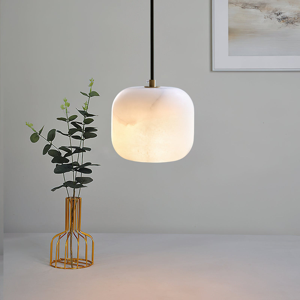 Alabaster Bedside Pendant Light – Natural Stone Cylinder & Brass Hanging Lamp