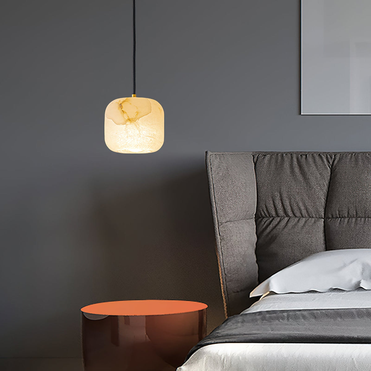 Alabaster Bedside Pendant Light – Natural Stone Cylinder & Brass Hanging Lamp