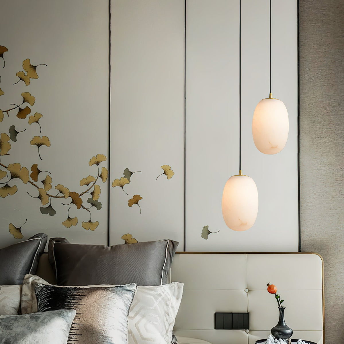 Alabaster Bedside Pendant Light – Natural Stone Cylinder & Brass Hanging Lamp