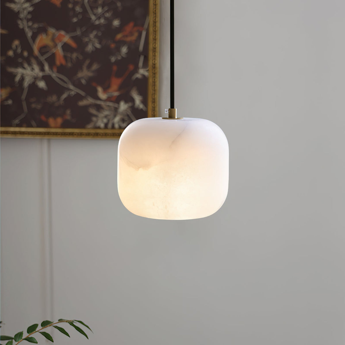 Alabaster Bedside Pendant Light – Natural Stone Cylinder & Brass Hanging Lamp