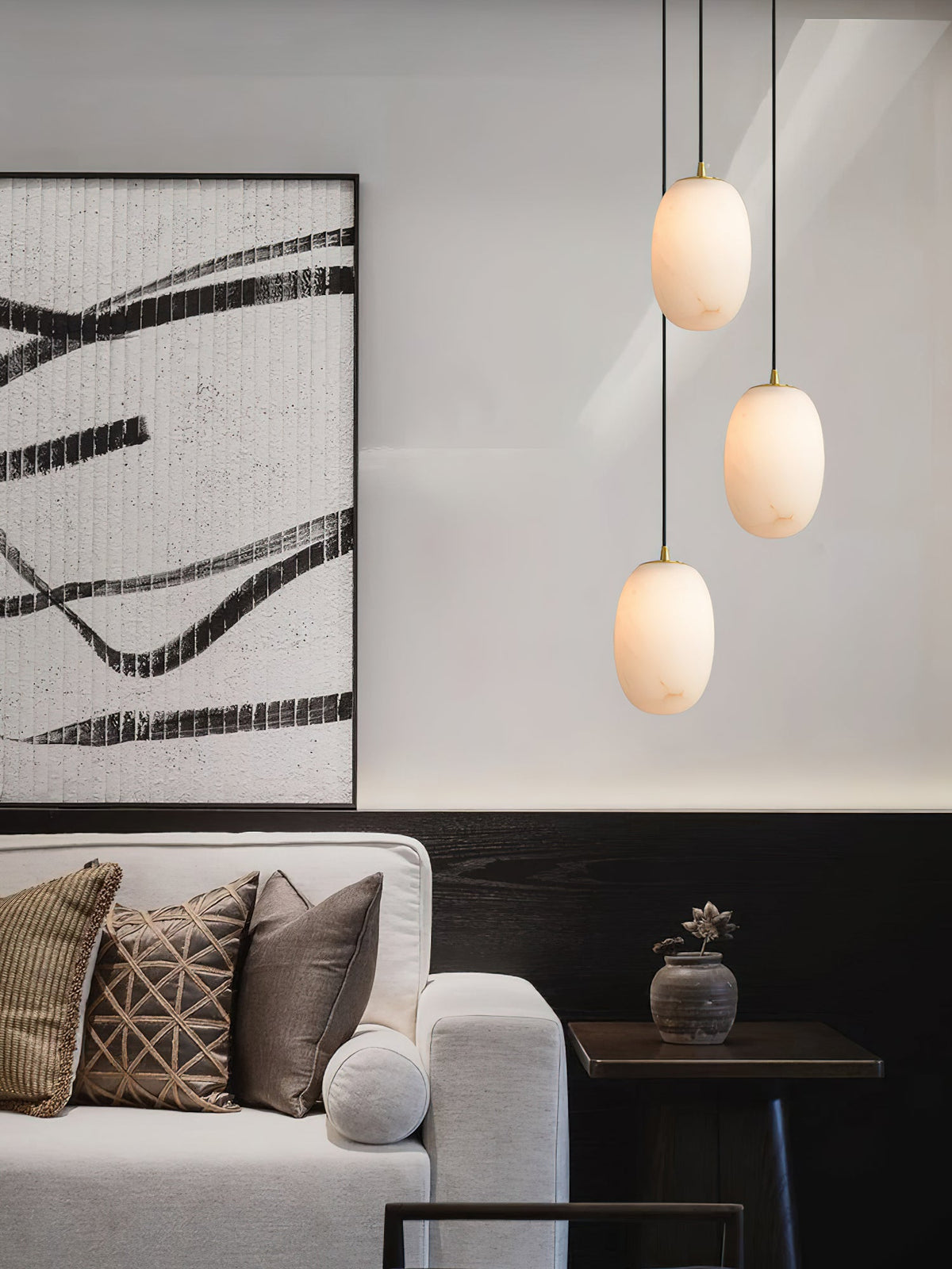 Alabaster Bedside Pendant Light – Natural Stone Cylinder & Brass Hanging Lamp
