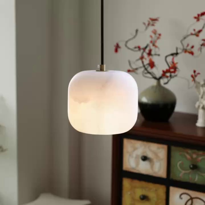 Alabaster Bedside Pendant Light – Natural Stone Cylinder & Brass Hanging Lamp