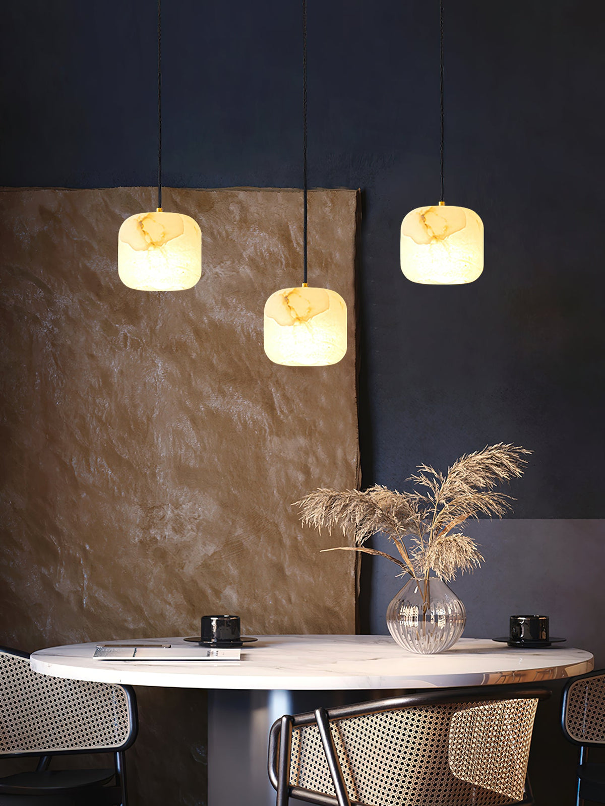 Alabaster Bedside Pendant Light – Natural Stone Cylinder & Brass Hanging Lamp