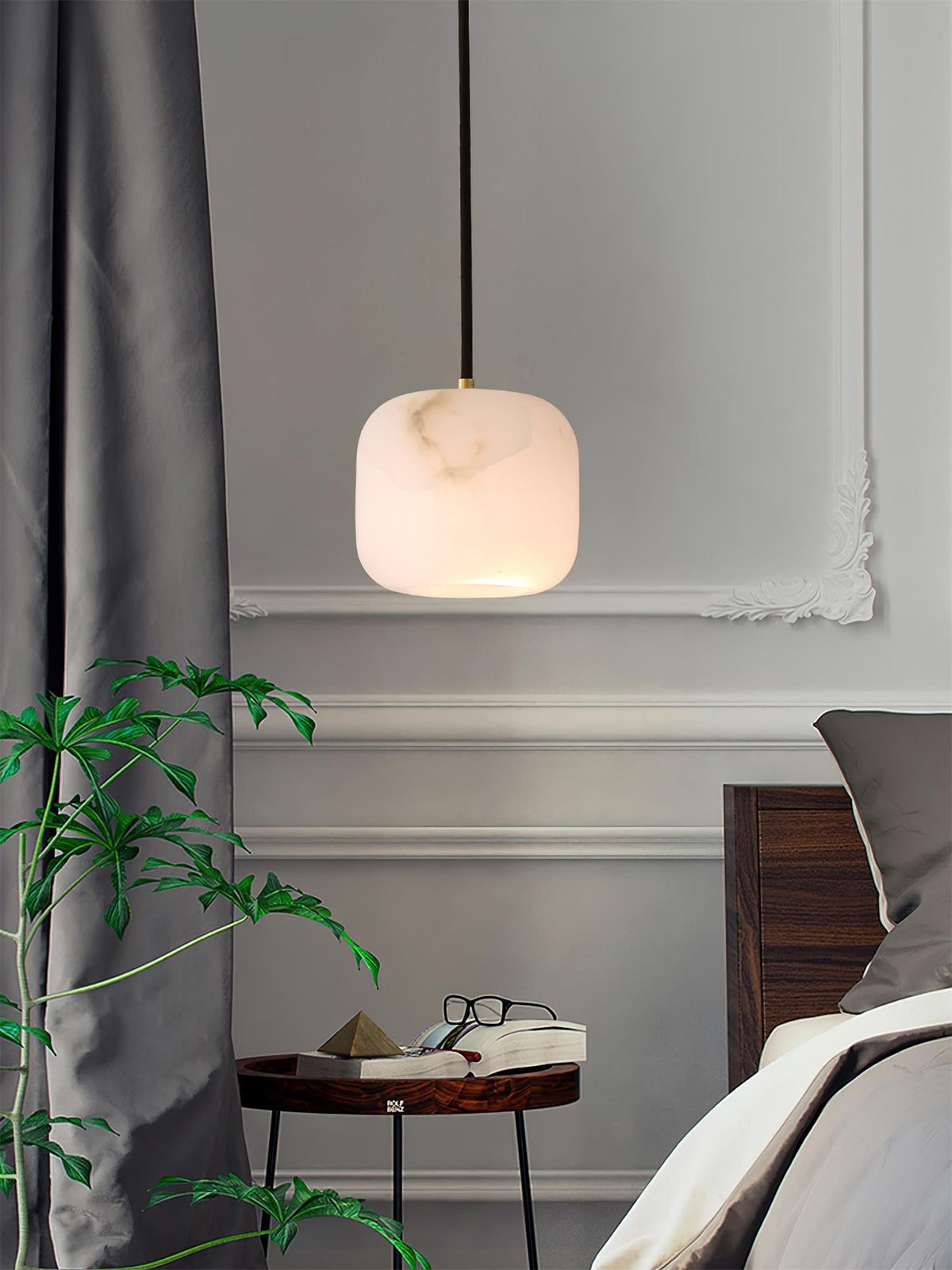 Alabaster Bedside Pendant Light – Natural Stone Cylinder & Brass Hanging Lamp