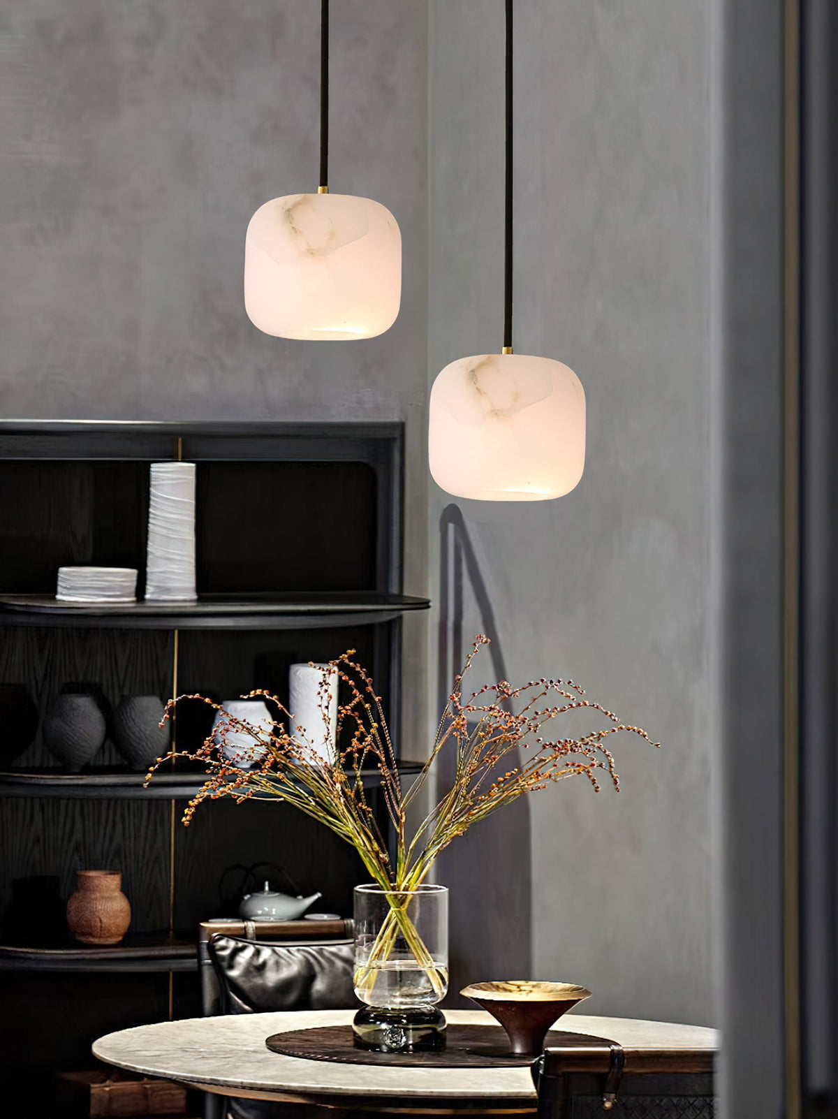 Alabaster Bedside Pendant Light – Natural Stone Cylinder & Brass Hanging Lamp