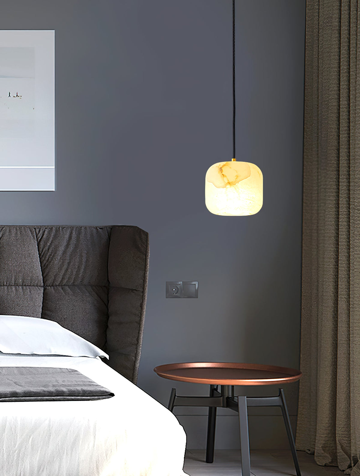 Alabaster Bedside Pendant Light – Natural Stone Cylinder & Brass Hanging Lamp