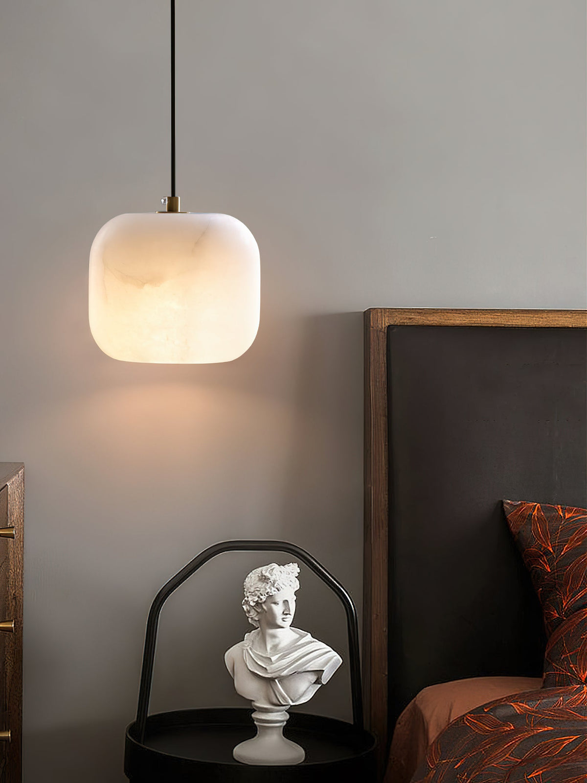 Alabaster Bedside Pendant Light – Natural Stone Cylinder & Brass Hanging Lamp