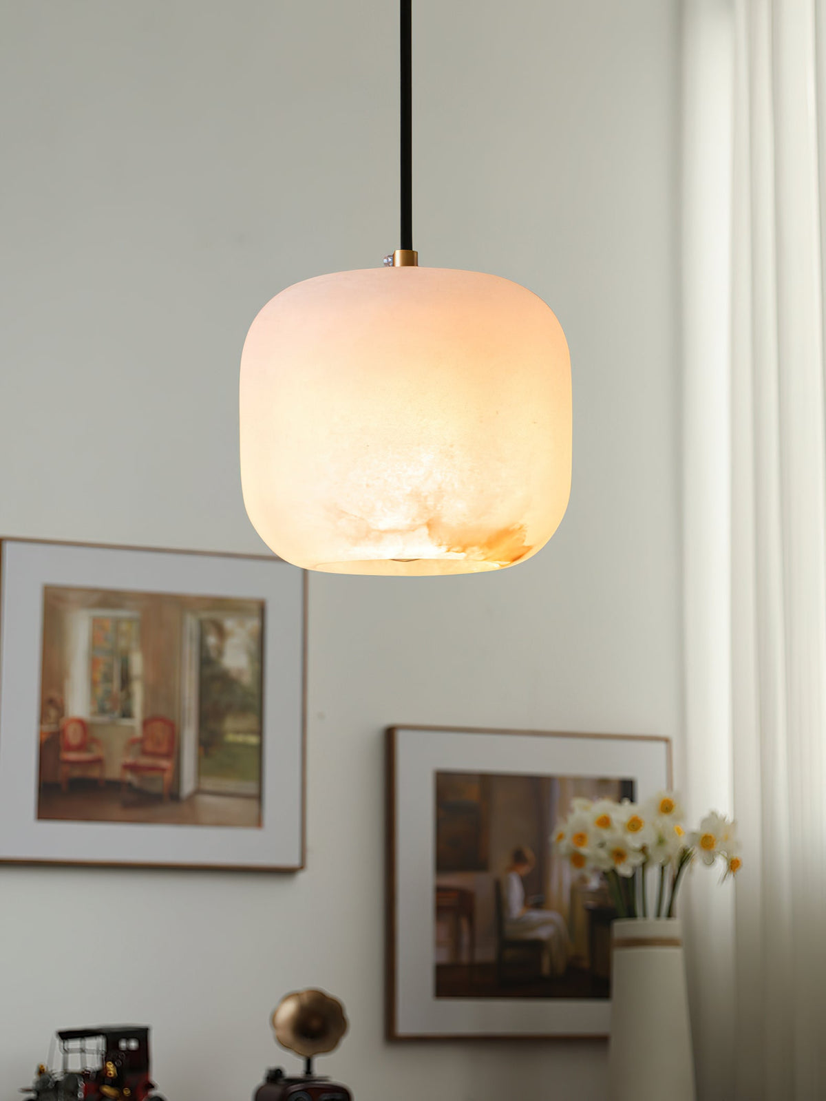 Alabaster Bedside Pendant Light – Natural Stone Cylinder & Brass Hanging Lamp