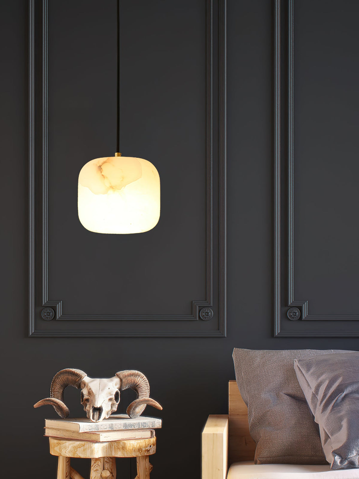 Alabaster Bedside Pendant Light – Natural Stone Cylinder & Brass Hanging Lamp
