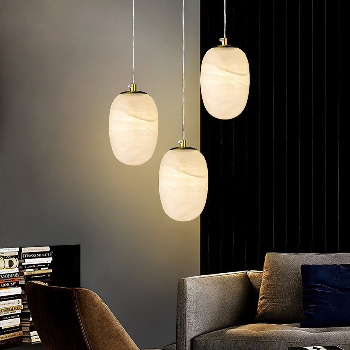 Alabaster Bedside Pendant Light – Natural Stone Cylinder & Brass Hanging Lamp