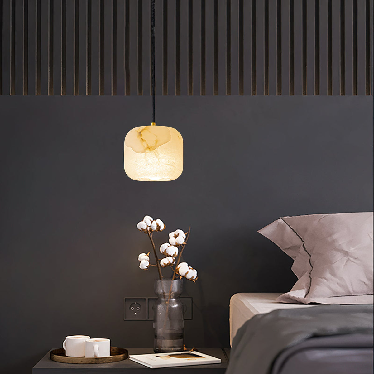 Alabaster Bedside Pendant Light – Natural Stone Cylinder & Brass Hanging Lamp