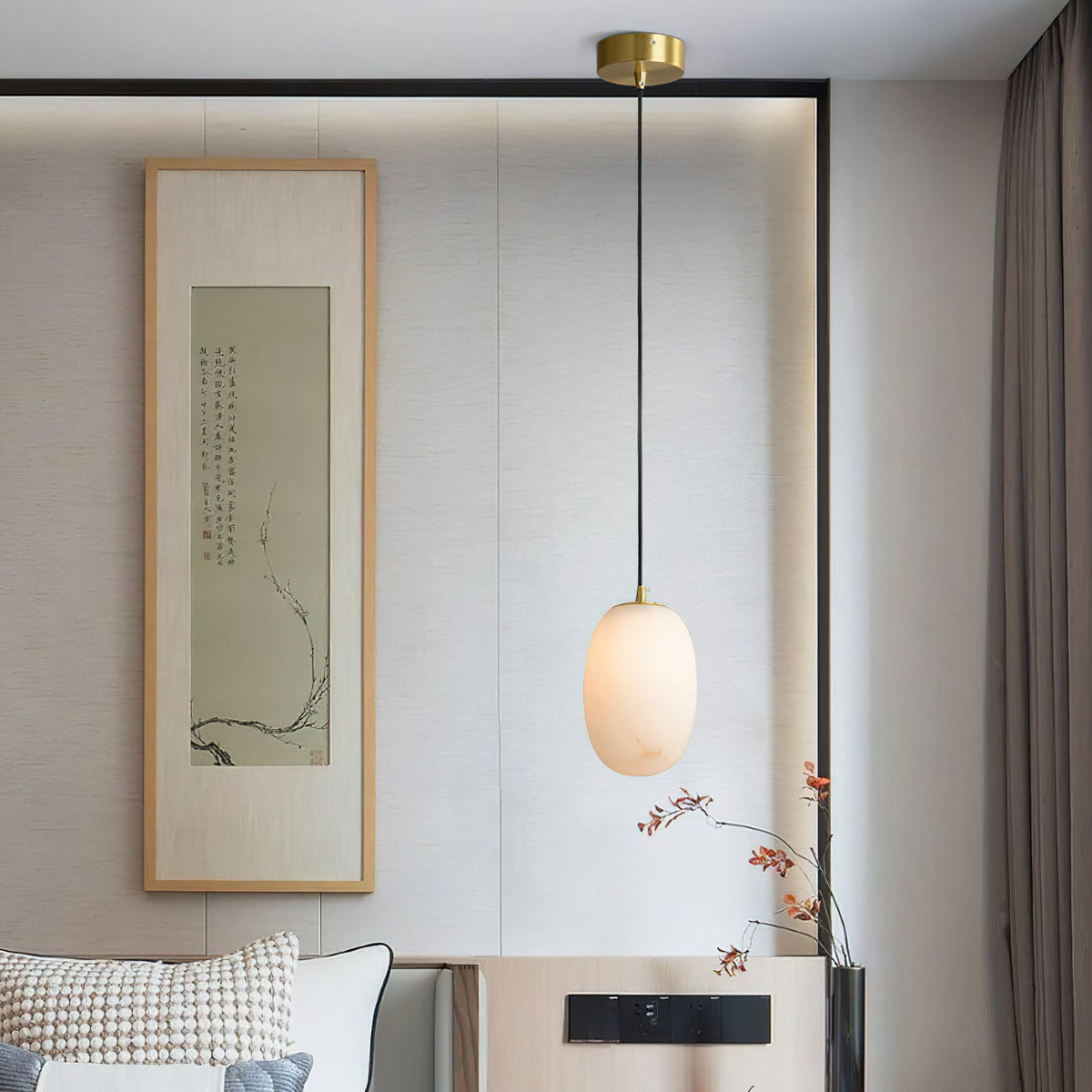 Alabaster Bedside Pendant Light – Natural Stone Cylinder & Brass Hanging Lamp