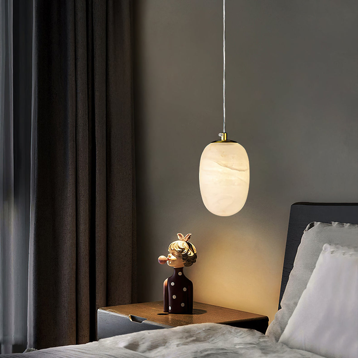 Alabaster Bedside Pendant Light – Natural Stone Cylinder & Brass Hanging Lamp