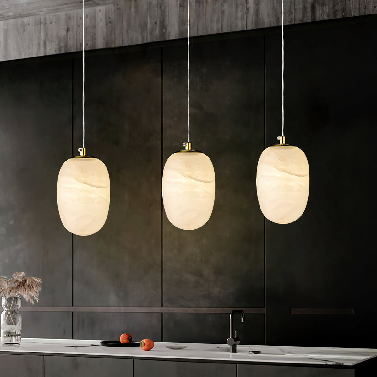 Alabaster Bedside Pendant Light – Natural Stone Cylinder & Brass Hanging Lamp