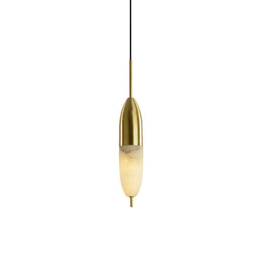 Alabaster Bolus Pendant Light – Carved Spanish Stone Cylinder & Brass Modern Pendant