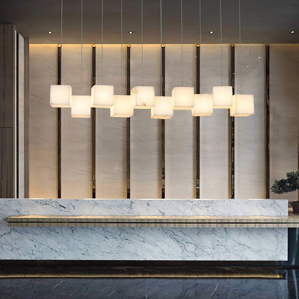 Alabaster Box Chandelier – Spanish Stone Linear Rectangle & Metal Modern Chandelier