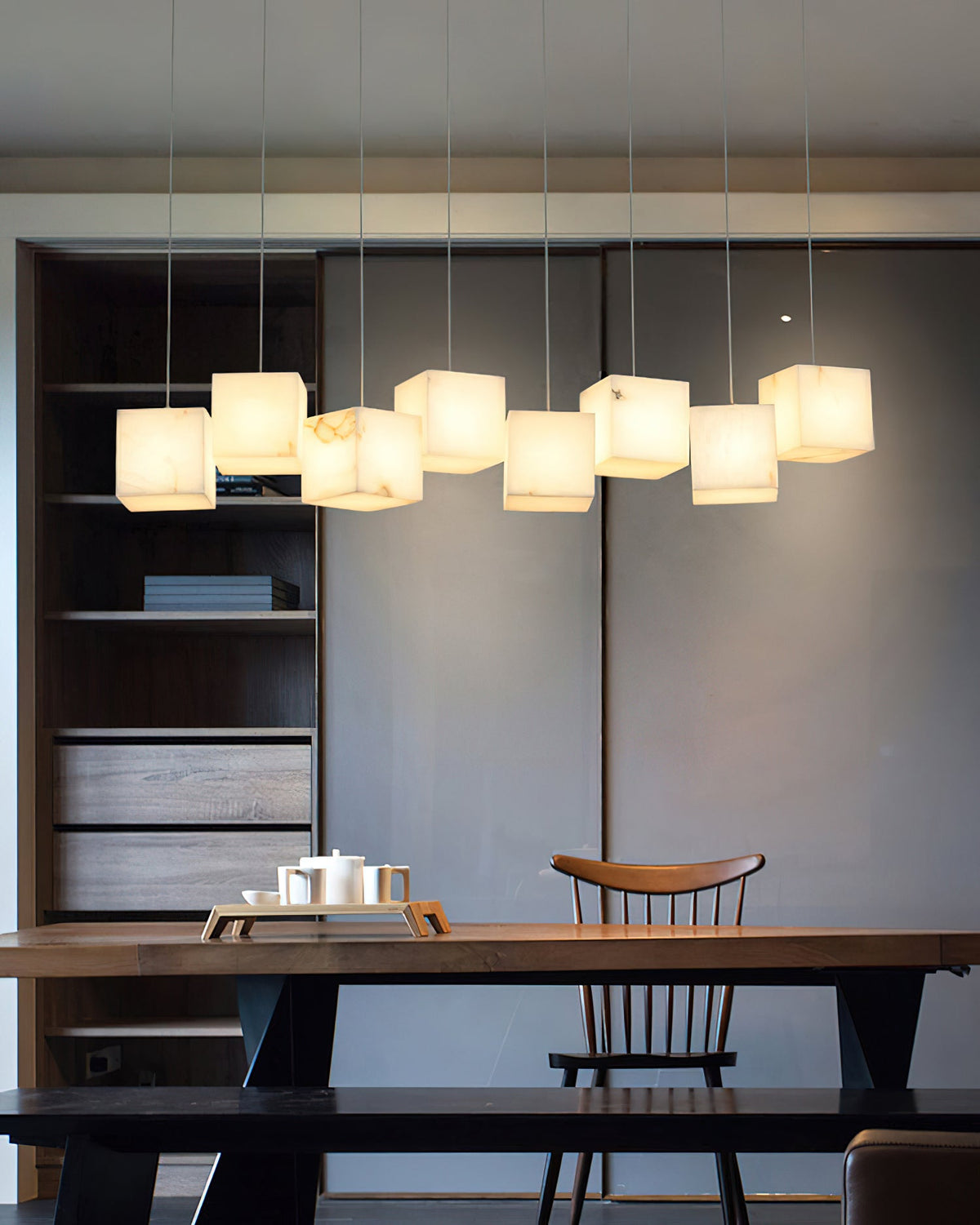 Alabaster Box Chandelier – Spanish Stone Linear Rectangle & Metal Modern Chandelier