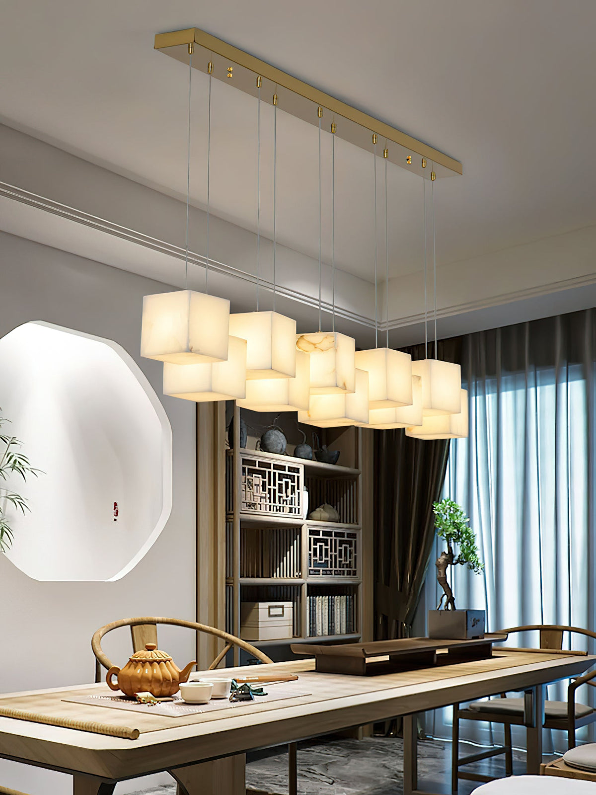 Alabaster Box Chandelier – Spanish Stone Linear Rectangle & Metal Modern Chandelier