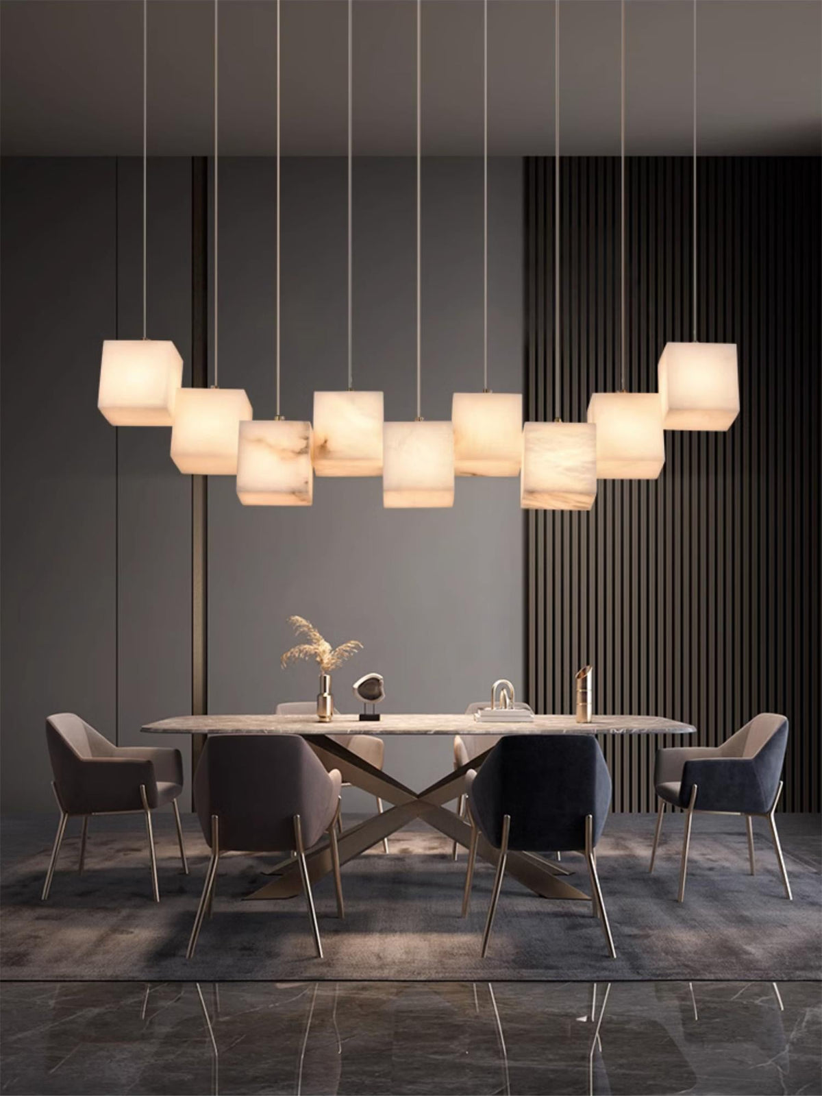 Alabaster Box Chandelier – Spanish Stone Linear Rectangle & Metal Modern Chandelier